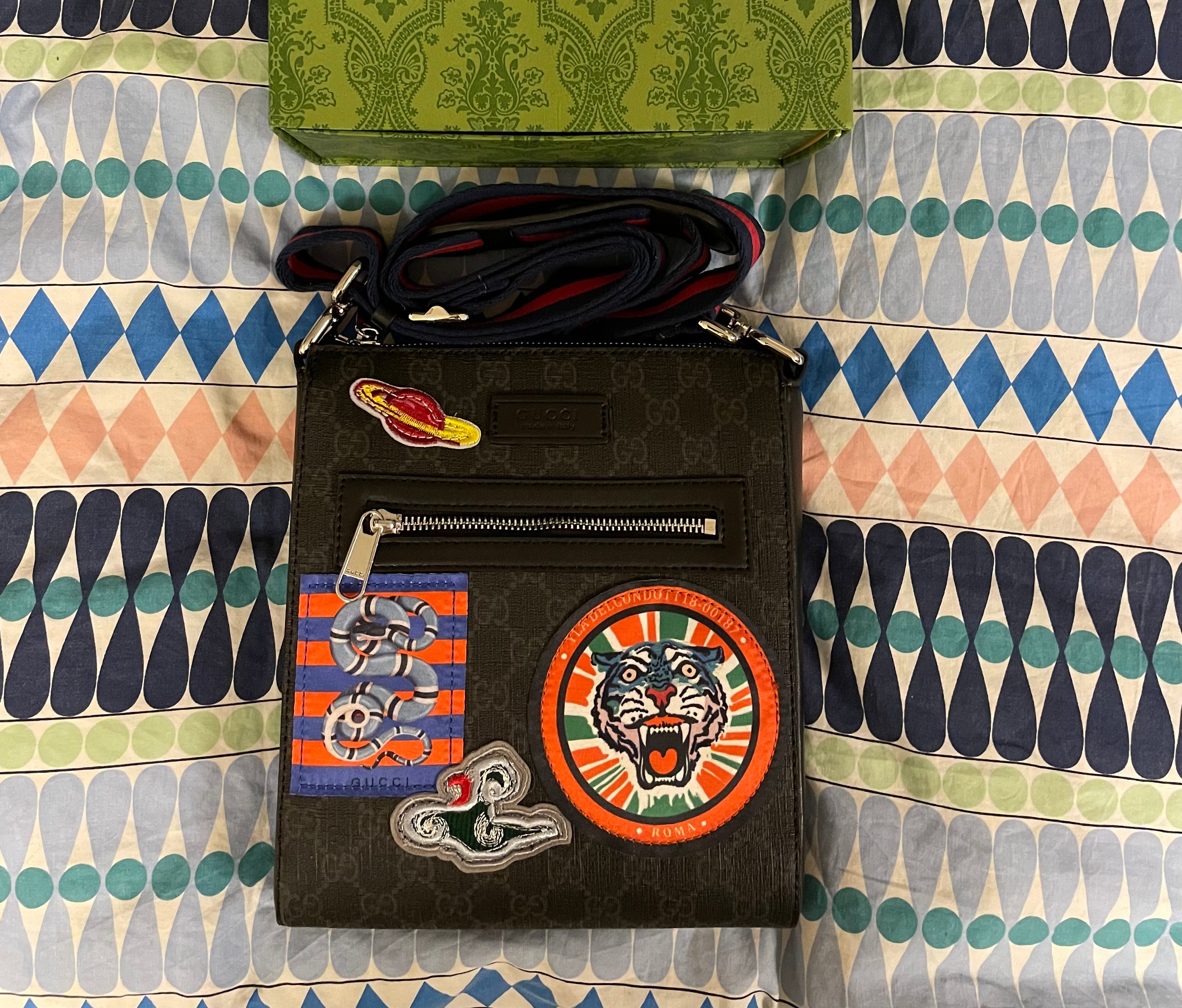 Black gucci messenger bag with patches